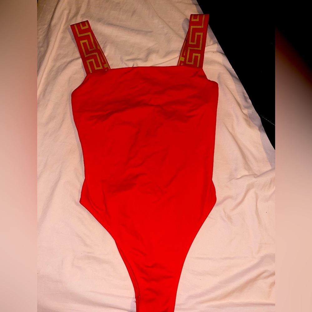 Versace Red Bodysuit One Piece with High-Cut Design